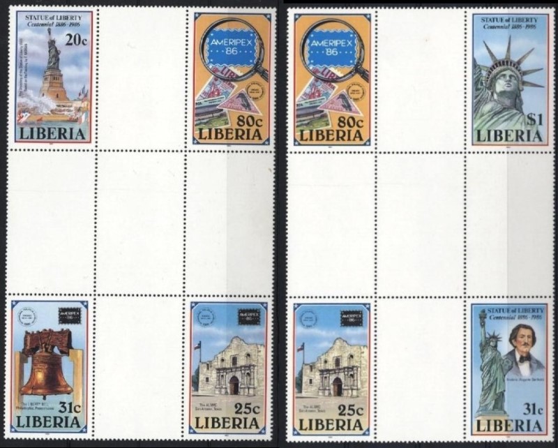 Liberia 1986 AMERIPEX Stamp Exhibition Crossgutter Blocks Liberia 1986 AMERIPEX Stamp Exhibition Crossgutter Blocks